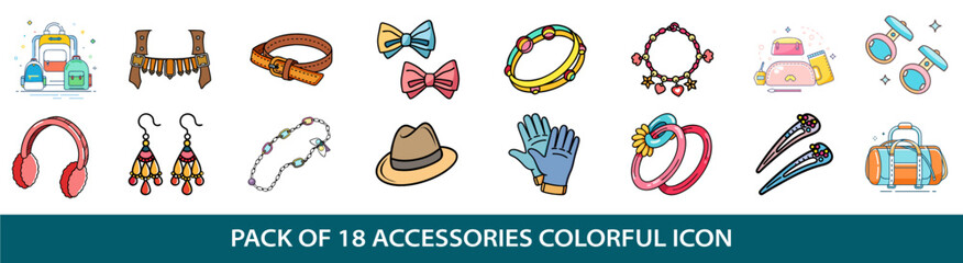 A colorful collection of eighteen different accessories for fashion and utility