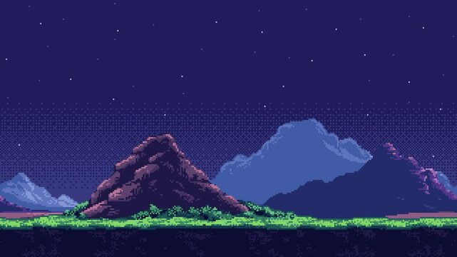 Pixel art landscape game level background animation with mountains, stars, and green foreground elements