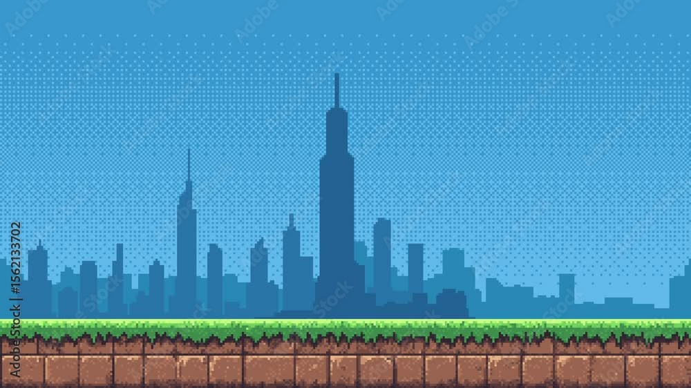 Poster pixel art game level background with scrolling cityscape and blue sky. city platform with earth and 