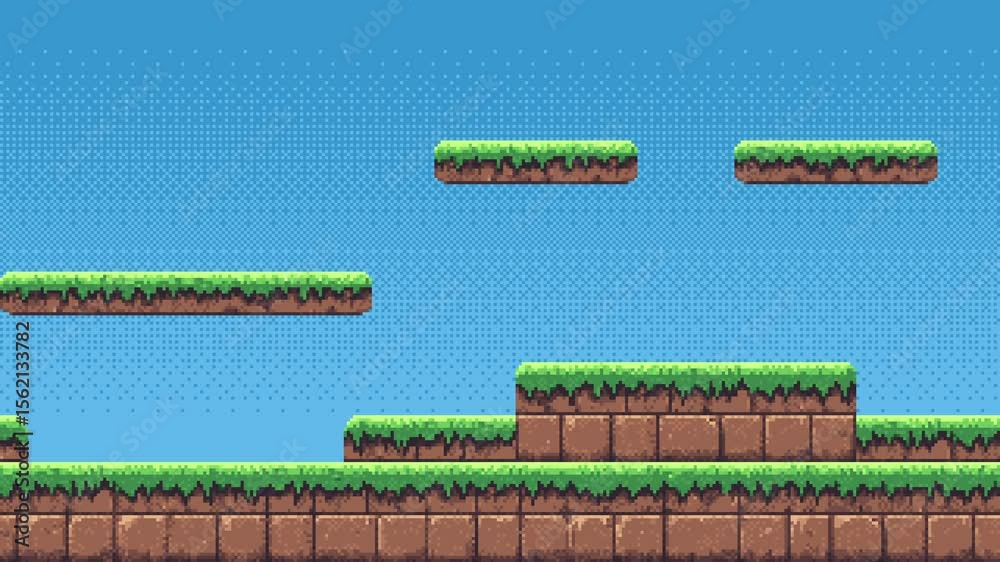 Poster Pixel art game level background animation with moving elevated platforms and ground in a natural landscape.