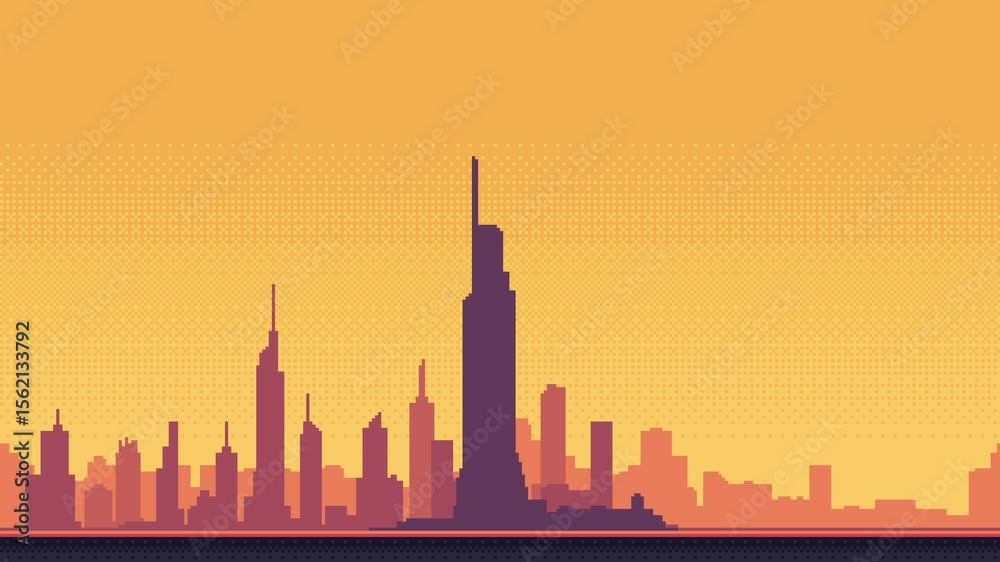 Aufkleber Pixel art game level background animation showing a dynamic metropolis skyline changing movement