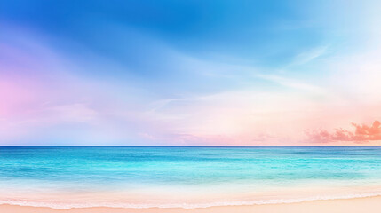 Obraz premium Serene tropical beach scene with soft waves lapping at shore under colorful sky. tranquil atmosphere evokes relaxation and peace