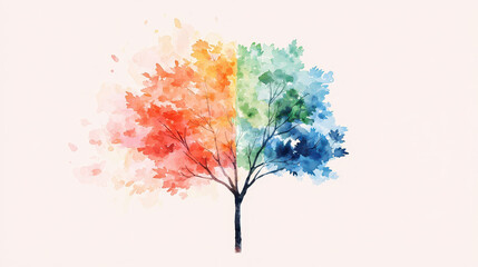 Vibrant watercolor tree with colorful leaves in shades of red, orange, green, and blue, symbolizing nature beauty and diversity