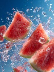 Slices of watermelon splashing in water against a blue background