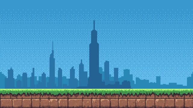 Pixel art game level background with scrolling cityscape and blue sky. City platform with earth and grass texture. Game animation footage.