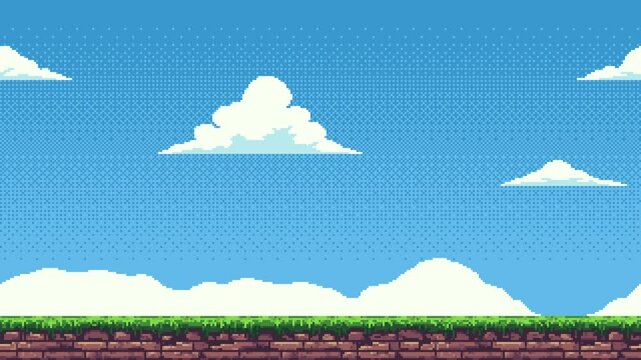 Animated pixel art game level background with moving sky, white clouds, green grass, and brown earth.