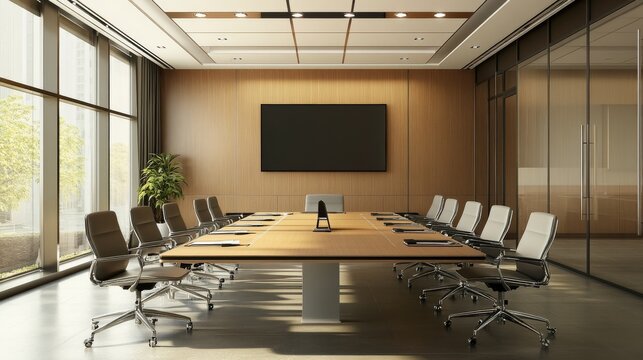 Modern corporate conference room with u-shaped meeting table, wall-mounted tv screen, ergonomic office chairs, and minimalistic professional interior in contemporary business office




 - Powered by Adobe