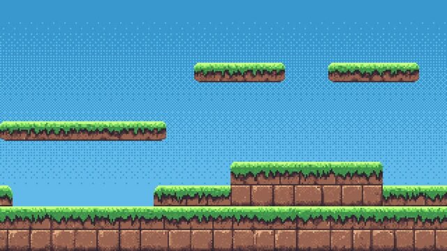 Pixel art game level background animation with moving elevated platforms and ground in a natural landscape.
