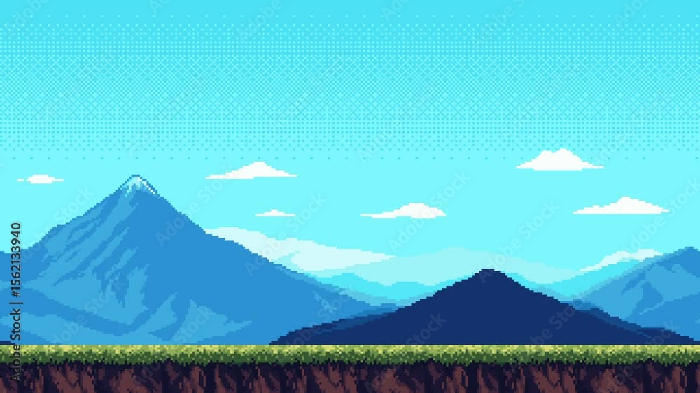 Aufkleber dynamic pixel art game level background animation of vast blue mountains and cloudy sky, concept of 