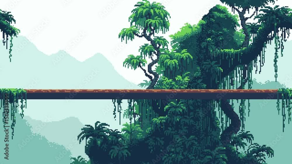 Poster Pixelated jungle forest background with platform and mountain, a loopable game level animation