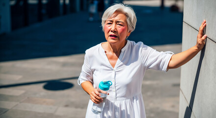 Elderly asian woman feeling dizzy from heatstroke in the city sun. Hot weather health risk concept for public safety announcements and healthcare articles. Banner with copy space