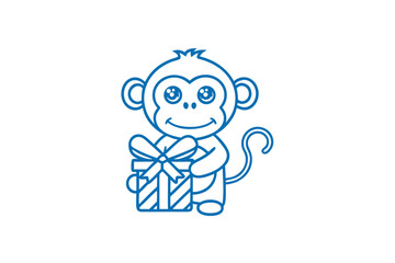 Cute monkey holds a small gift box outline drawing shows happy expression