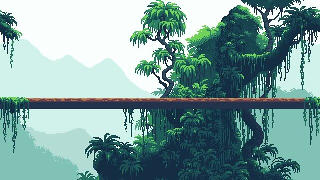 Pixelated jungle forest background with platform and mountain, a loopable game level animation