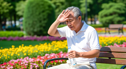 Elderly asian man suffering from heat exhaustion on a park bench. Senior experiencing dizziness and headache from sunstroke. High temperature health risk concept. Banner with copy space