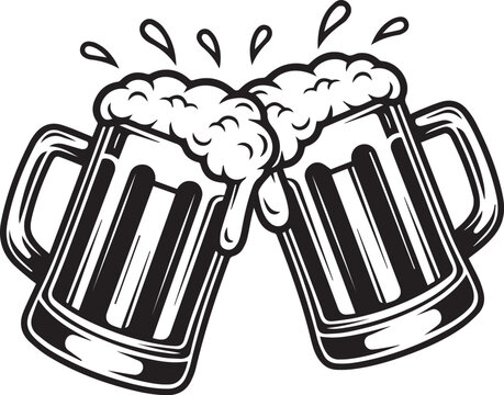 A vector illustration of two beer mugs in black silhouette, symbolizing camaraderie. A black silhouette of two beer mugs clinking together, representing celebration.