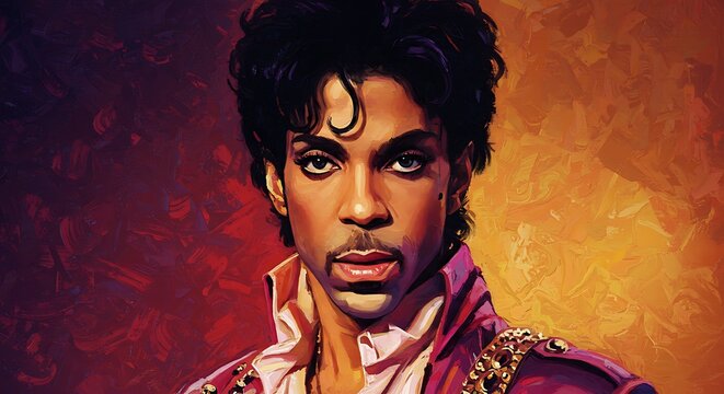 A captivating digital painting of Prince, looking directly at the viewer with his signature intense gaze, depicted in a striking purple and gold outfit.