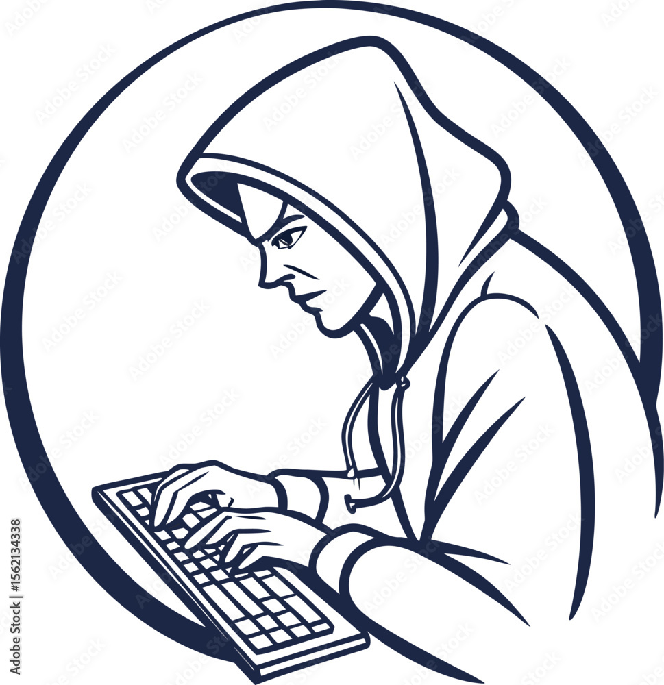 Poster minimalist vector illustration of a hacker typing on a keyboard viewed from the side conveying techn