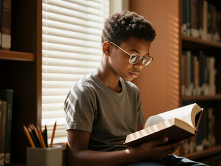A focused young African American boy wearing glasses is engrossed in reading a book by a sunlit window in a library.
