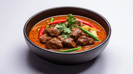 Fototapeta premium Delicious bowl of Malaysian rendang featuring tender beef, vibrant green and red chilies, and fresh herbs, evoking warmth and comfort