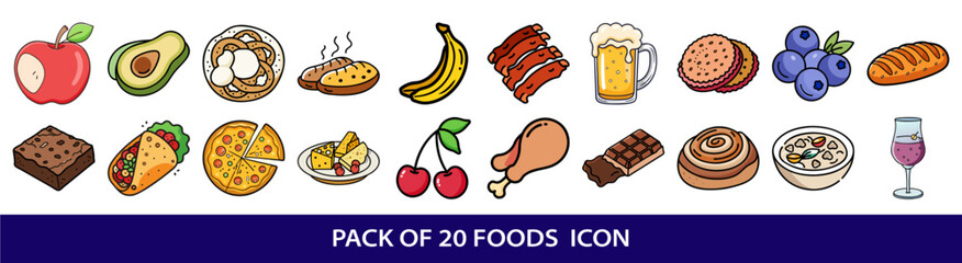 Colorful Cartoon Food Icons Representing Diverse Culinary Delights in Flat Design