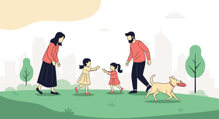 Family enjoys a sunny day playing with their dog in the park surrounded by city buildings and trees