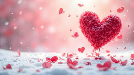 Red and pink flower petals fell on white snow, heart shape, valentine's day romantic background