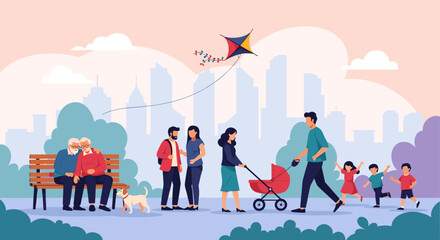 Diverse people enjoying a sunny day outdoors flying a kite and pushing a stroller in a park