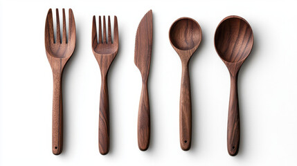 Minimalist wooden kitchen utensils including fork, knife, and spoons arranged neatly. Perfect for modern dining and eco friendly living