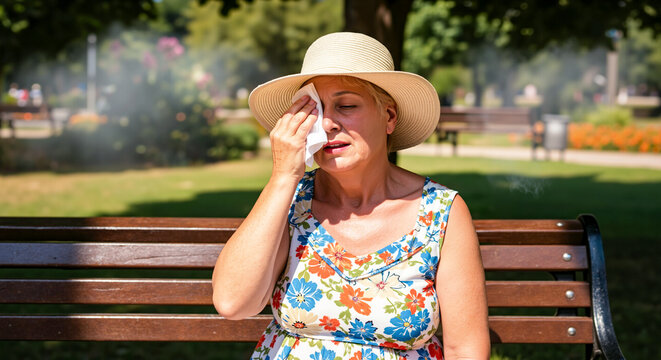 Senior woman cooling down on a park bench during an intense heatwave. Overheated person wiping her face, concept of extreme heat and health problems for vulnerable people. Banner with copy space