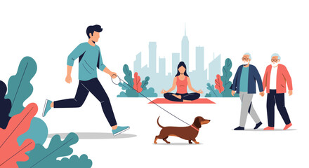 People enjoying various outdoor activities in a city park with trees and buildings in the background promoting healthy lifestyles