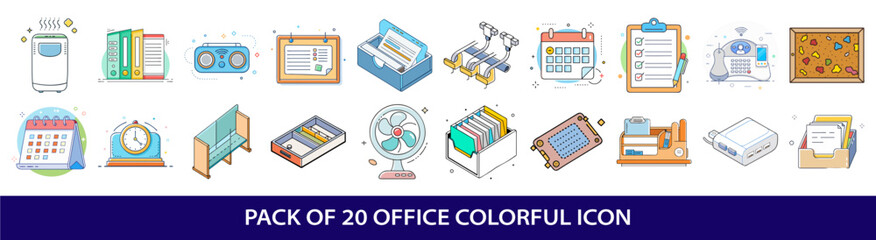 Collection of Twenty Different Office Icons in a Colorful Vector Style