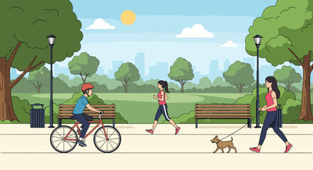 Fototapeta premium Vibrant city park scene showcasing diverse outdoor activities and healthy lifestyles on a sunny day