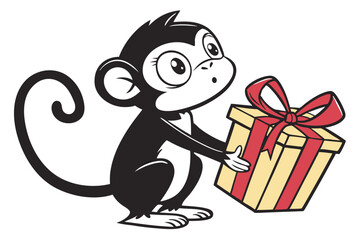 Cartoon monkey looks surprised while holding a wrapped gift with a ribbon