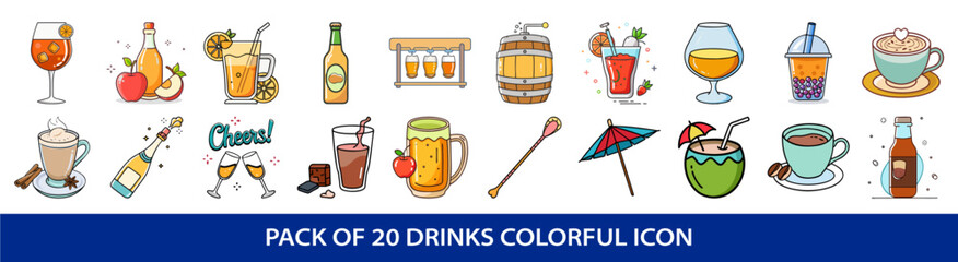 A Variety of Colorful Cartoon Style Drinks, Illustration Style Vector Pack