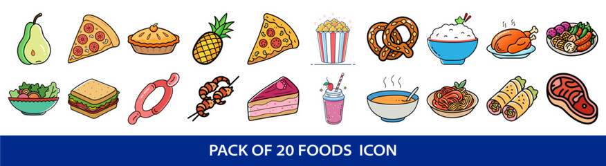 Colorful cartoon food icons representing a variety of different cuisines and dishes