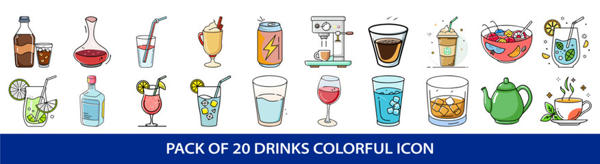 Colorful Cartoon Style Drinks Icons Collection With Various Beverages and Containers