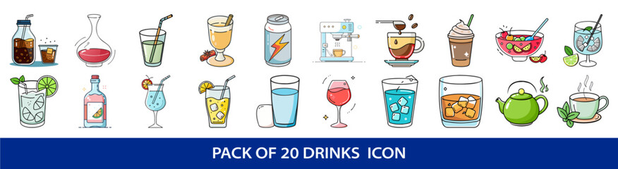 Collection of Twenty Unique and Colorful Drink Icons Depicting Various Beverages