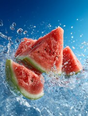Slices of watermelon splashing into water against a vibrant blue background