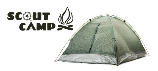 Scout camp, summer vacation. Tourist tent on white background. Inscription with illustrations of...