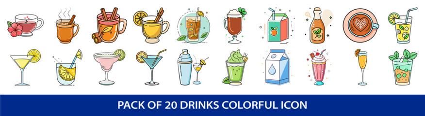 Illustration collection of colorful hand drawn beverages and drinks icons
