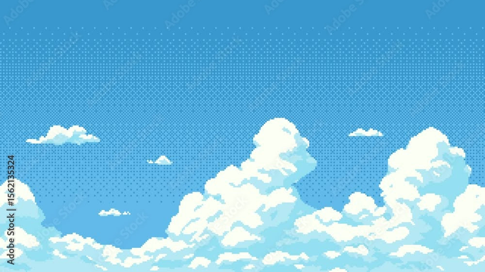 Poster animated pixel art sky with moving white clouds for vintage game level background.