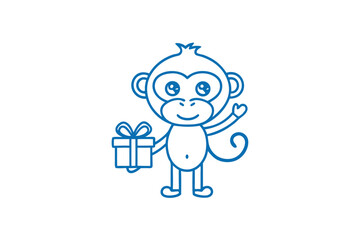 Blue outline of monkey stands waving, holding a wrapped present on white background