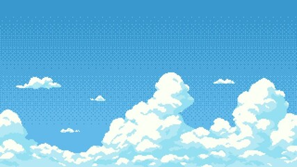 Animated pixel art sky with moving white clouds for vintage game level background.