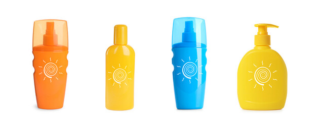 Sunscreen products in bottles with drawings of sun isolated on white