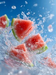Watermelon slices splashing in water against a bright blue background