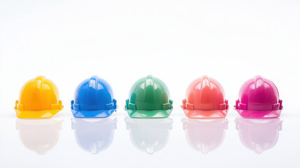 Colorful hard hats arranged row, showcasing vibrant yellow, blue, green, pink, and purple colors. These helmets symbolize safety and construction