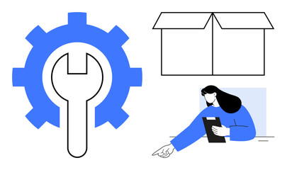 Gear and wrench represent tools, open box symbolizes packaging, woman with clipboard conveys teamwork. Ideal for teamwork, logistics, productivity, planning, service, industry simple landing page