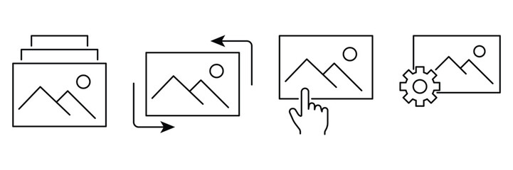 Image select rotate change settings icons in editable stroke line style for photo gallery interface vector illustration editable outline set.