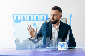Building information modelling. Man using virtual screen in office