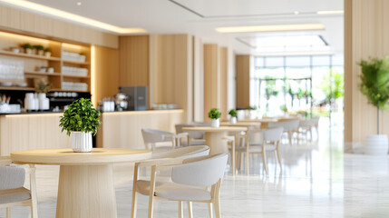 Fototapeta premium Modern interior design featuring spacious cafe with wooden furniture, soft lighting, and greenery, creating welcoming atmosphere